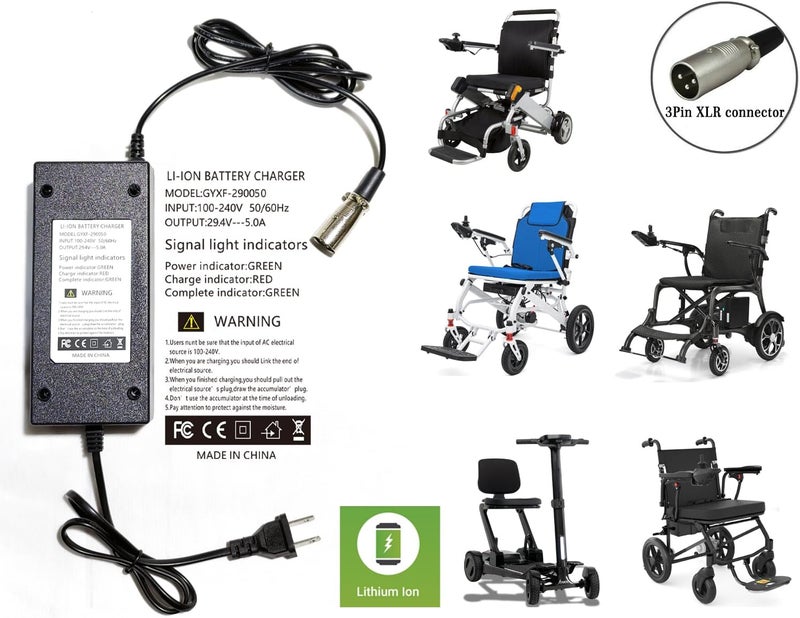 ActveMob 29.4V5A Mobility Scooter and Electric Wheelchair Charger,3 Prong, 3Pin,Male XLR Connector,Suitable for Most Brands of 24V Lithium Battery Mobility Scooter Electric Wheelchair, Universal Parts. - Image 2
